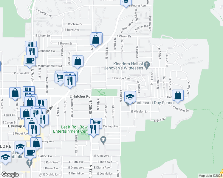 map of restaurants, bars, coffee shops, grocery stores, and more near 1344 East Hatcher Road in Phoenix