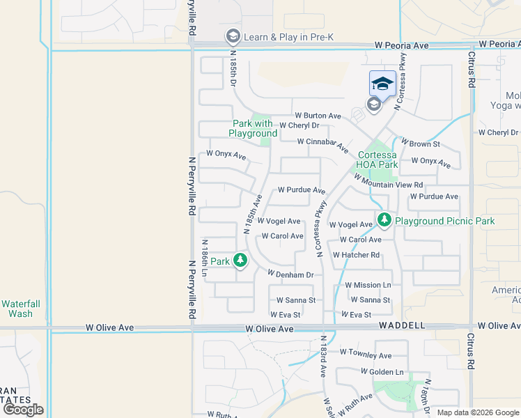 map of restaurants, bars, coffee shops, grocery stores, and more near 18481 West Vogel Avenue in Waddell