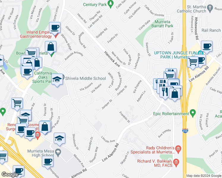 map of restaurants, bars, coffee shops, grocery stores, and more near 40156 White Leaf Lane in Murrieta