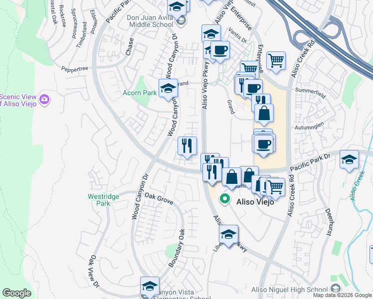 map of restaurants, bars, coffee shops, grocery stores, and more near 43 Bluff Cove Drive in Aliso Viejo
