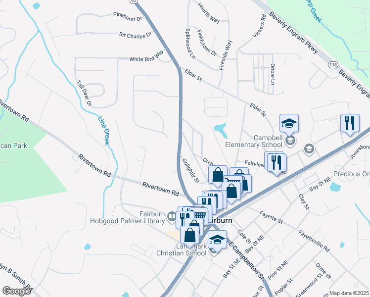 map of restaurants, bars, coffee shops, grocery stores, and more near 108 Aderhold Street in Fairburn