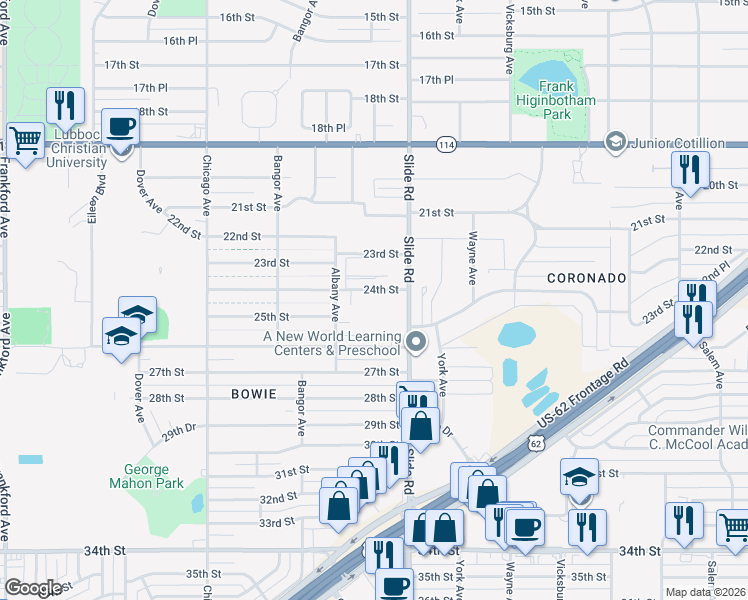 map of restaurants, bars, coffee shops, grocery stores, and more near 5211 24th Street in Lubbock