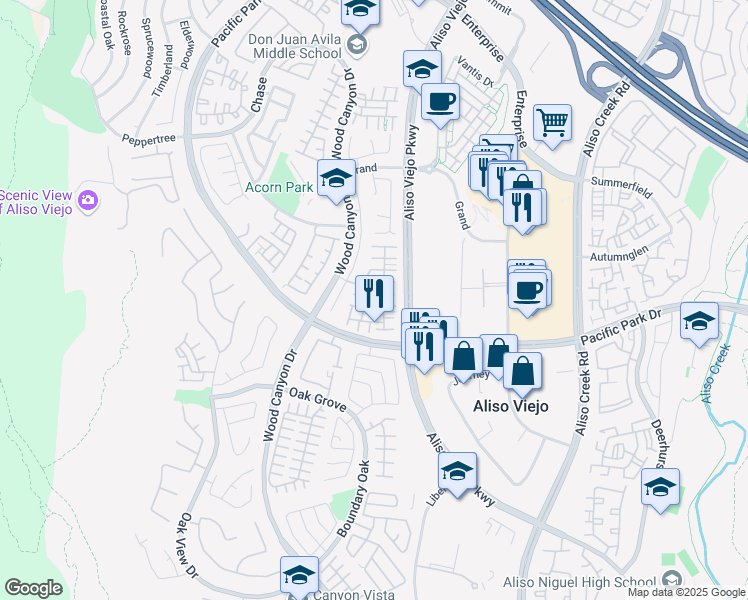 map of restaurants, bars, coffee shops, grocery stores, and more near 43 Bluff Cove Drive in Aliso Viejo