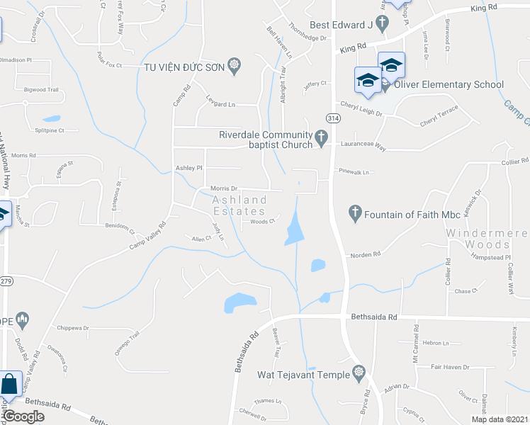 map of restaurants, bars, coffee shops, grocery stores, and more near 1927 Woods Court in Riverdale