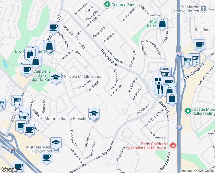 map of restaurants, bars, coffee shops, grocery stores, and more near 40156 White Leaf Lane in Murrieta
