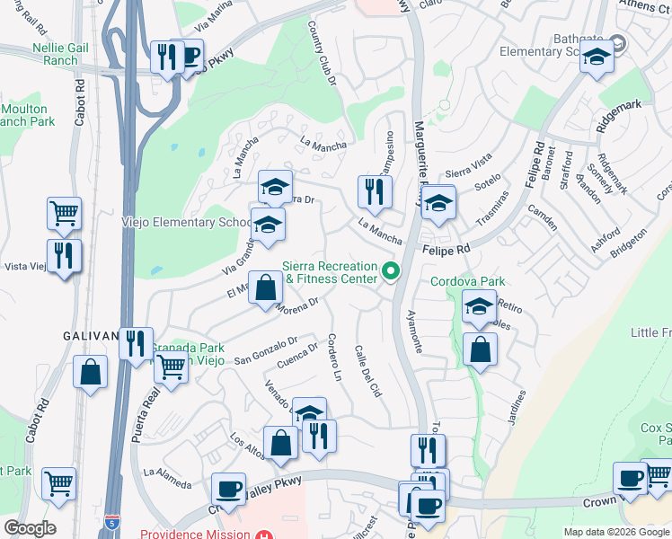 map of restaurants, bars, coffee shops, grocery stores, and more near 26871 La Sierra Drive in Mission Viejo