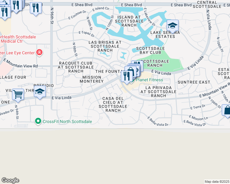 map of restaurants, bars, coffee shops, grocery stores, and more near 10115 East Mountain View Road in Scottsdale