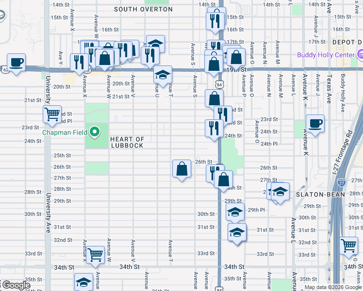 map of restaurants, bars, coffee shops, grocery stores, and more near 1914 25th Street in Lubbock