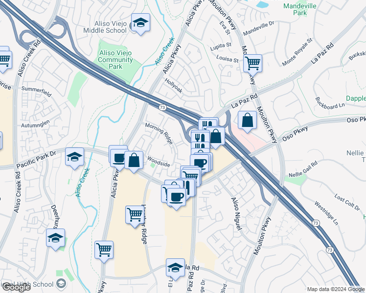 map of restaurants, bars, coffee shops, grocery stores, and more near 70 Birchwood Lane in Aliso Viejo