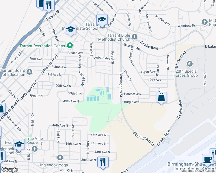 map of restaurants, bars, coffee shops, grocery stores, and more near 1121 Forrest Alley in Birmingham