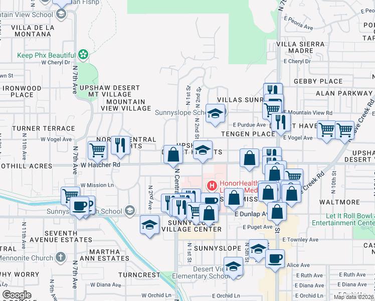 map of restaurants, bars, coffee shops, grocery stores, and more near 9514 North 2nd Street in Phoenix