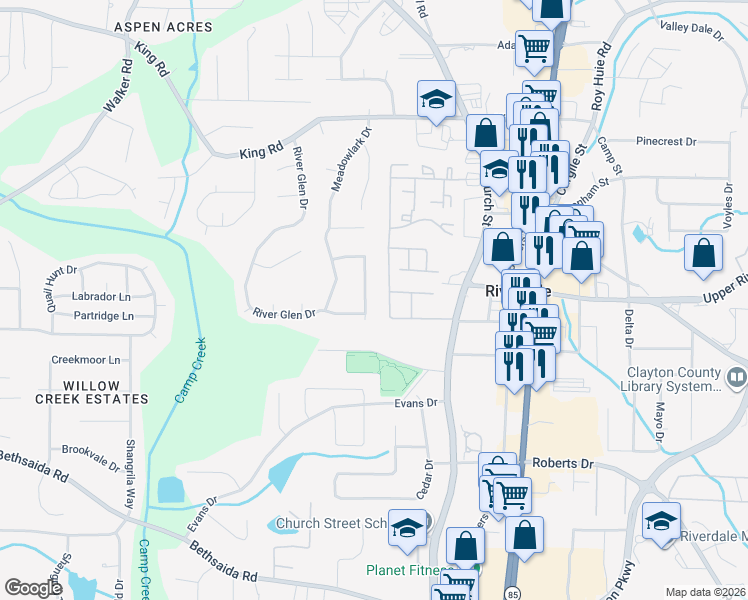 map of restaurants, bars, coffee shops, grocery stores, and more near 879 River Glen Place in Riverdale
