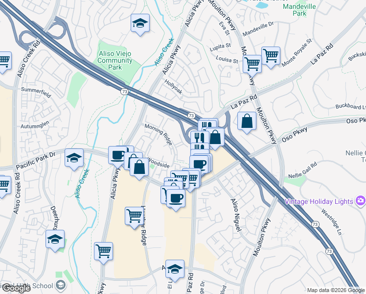 map of restaurants, bars, coffee shops, grocery stores, and more near 26815 La Paz Road in Aliso Viejo