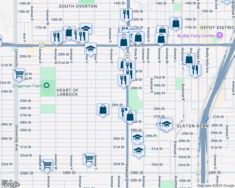 map of restaurants, bars, coffee shops, grocery stores, and more near 1709 24th Street in Lubbock