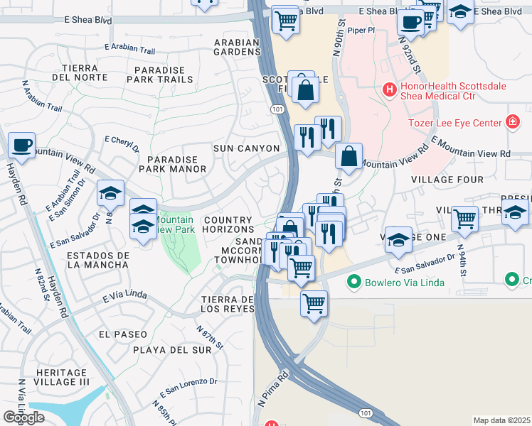 map of restaurants, bars, coffee shops, grocery stores, and more near 8787 East Mountain View Road in Scottsdale