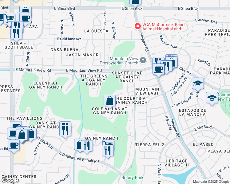 map of restaurants, bars, coffee shops, grocery stores, and more near 7625 East Gainey Ranch Road in Scottsdale