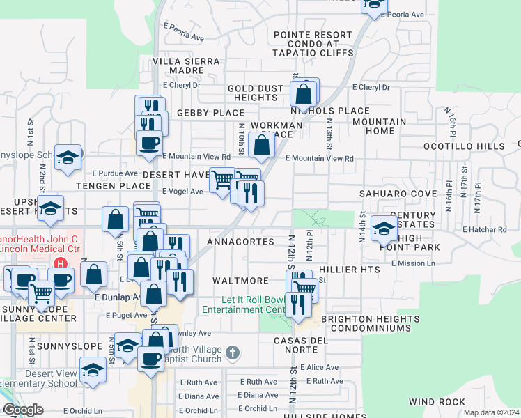 map of restaurants, bars, coffee shops, grocery stores, and more near 9605 North Cave Creek Road in Phoenix