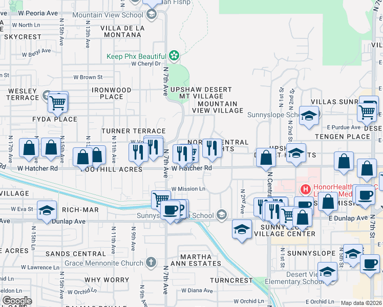 map of restaurants, bars, coffee shops, grocery stores, and more near 9444 North 4th Avenue in Phoenix