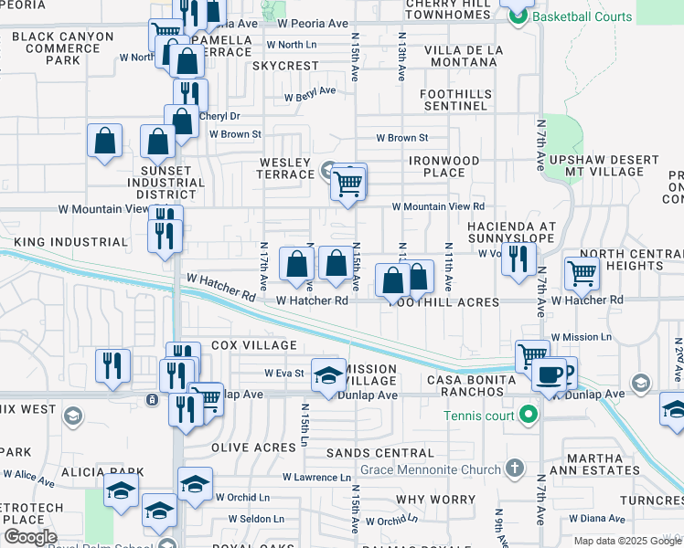 map of restaurants, bars, coffee shops, grocery stores, and more near 9502 North 15th Avenue in Phoenix
