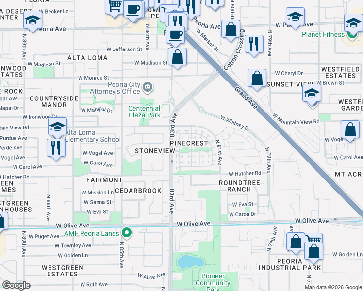 map of restaurants, bars, coffee shops, grocery stores, and more near 9664 North 82nd Glen in Peoria