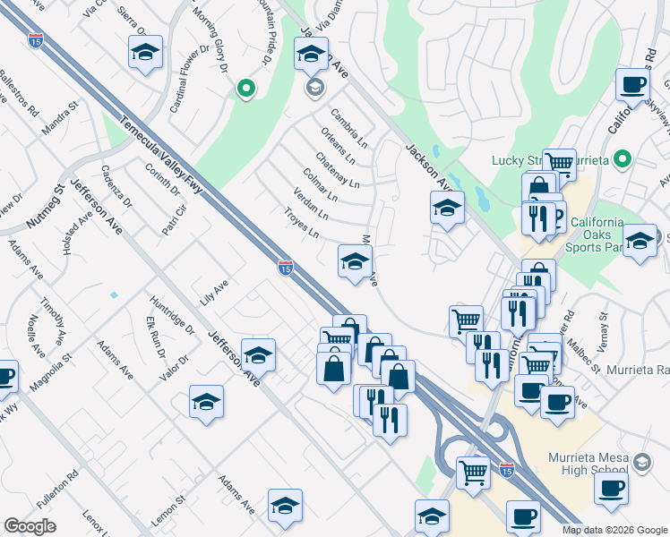 map of restaurants, bars, coffee shops, grocery stores, and more near 41144 Marseille Court in Murrieta