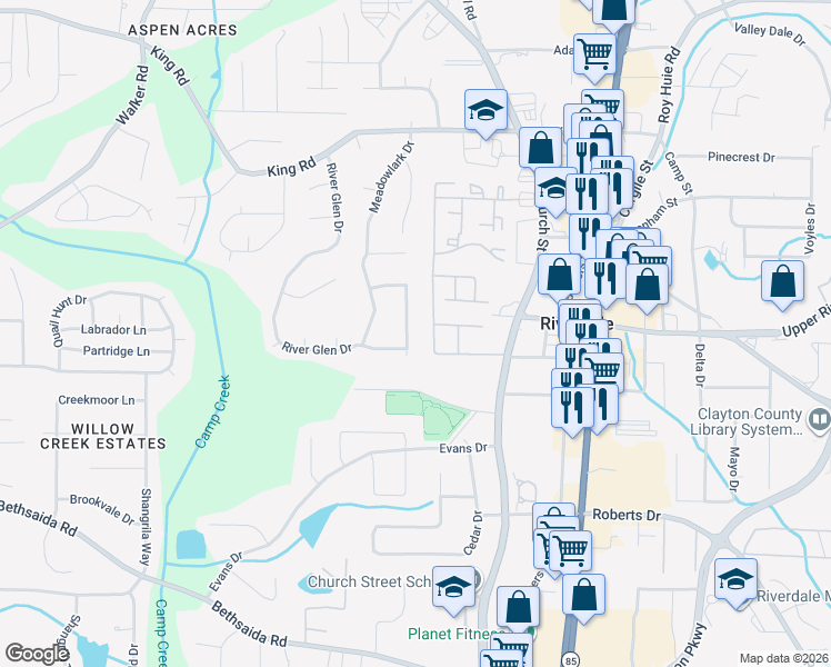 map of restaurants, bars, coffee shops, grocery stores, and more near 879 River Glen Place in Riverdale
