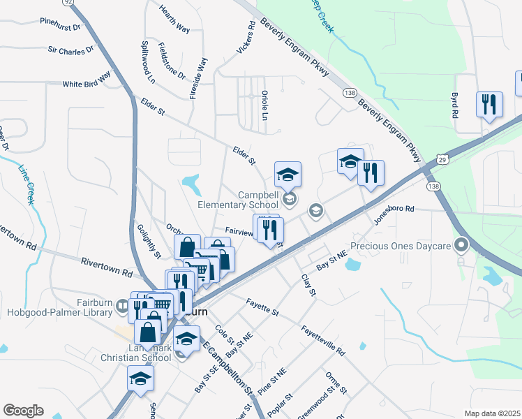map of restaurants, bars, coffee shops, grocery stores, and more near 108 Elder Street in Fairburn