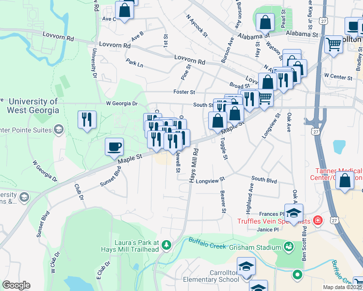 map of restaurants, bars, coffee shops, grocery stores, and more near 120 Oil Park Dr in Carrollton
