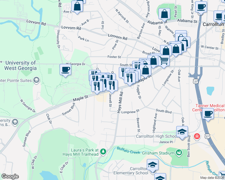 map of restaurants, bars, coffee shops, grocery stores, and more near 120 Oil Park Dr in Carrollton