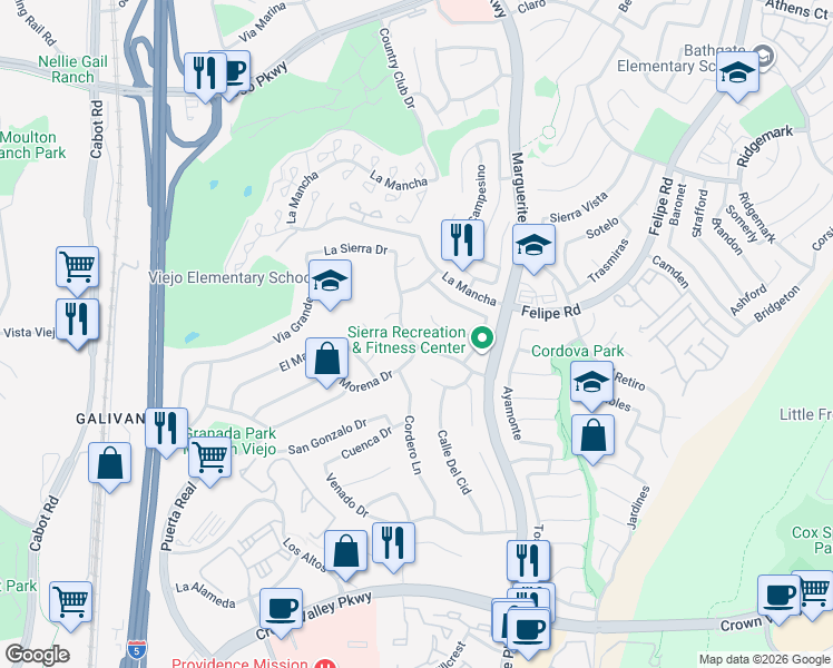 map of restaurants, bars, coffee shops, grocery stores, and more near 26871 La Sierra Drive in Mission Viejo