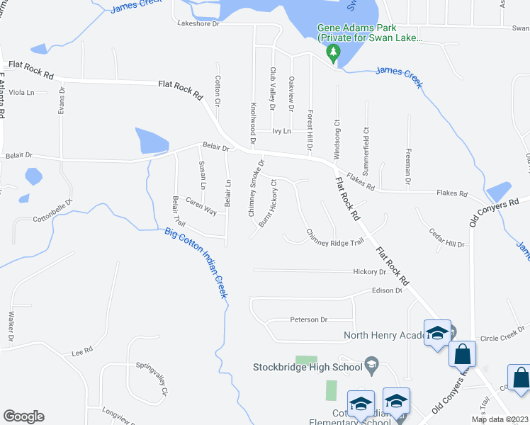 map of restaurants, bars, coffee shops, grocery stores, and more near 45 Burnt Hickory Court in Stockbridge