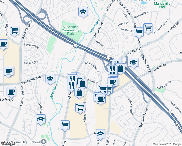 map of restaurants, bars, coffee shops, grocery stores, and more near 55 Creekside in Aliso Viejo