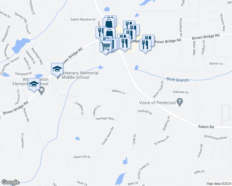 map of restaurants, bars, coffee shops, grocery stores, and more near 45 Millers Lane in Covington