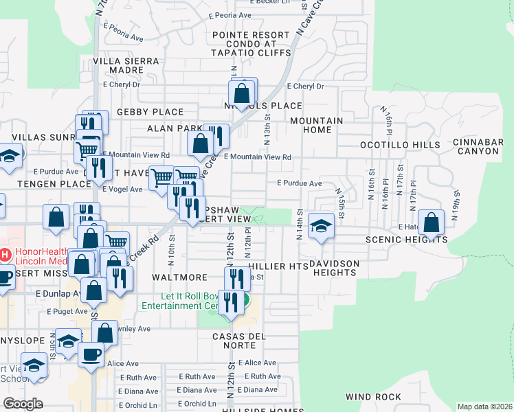 map of restaurants, bars, coffee shops, grocery stores, and more near 1234 East Carol Avenue in Phoenix