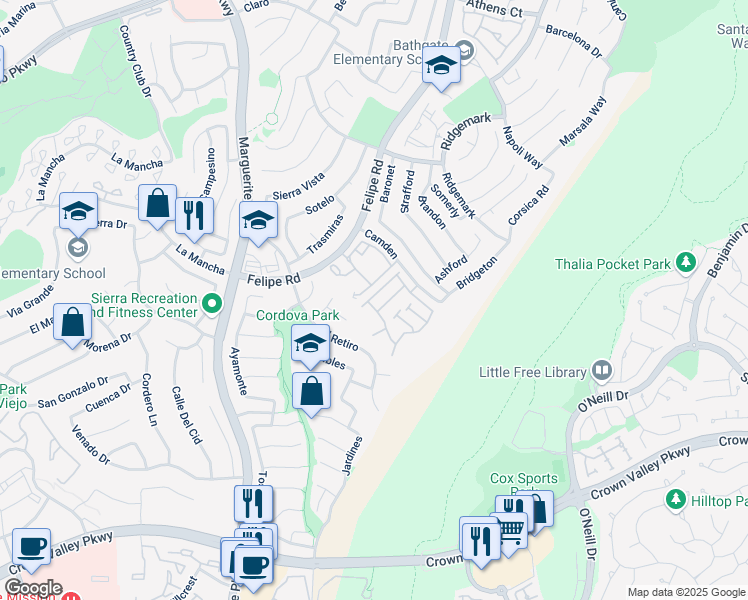 map of restaurants, bars, coffee shops, grocery stores, and more near 27394 Iris Avenue in Mission Viejo