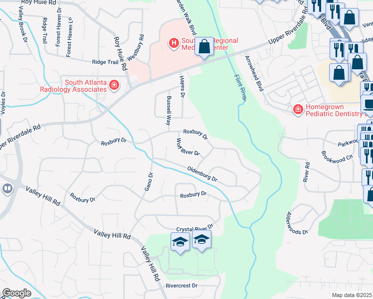 map of restaurants, bars, coffee shops, grocery stores, and more near 6674 Wolf River Drive in Riverdale