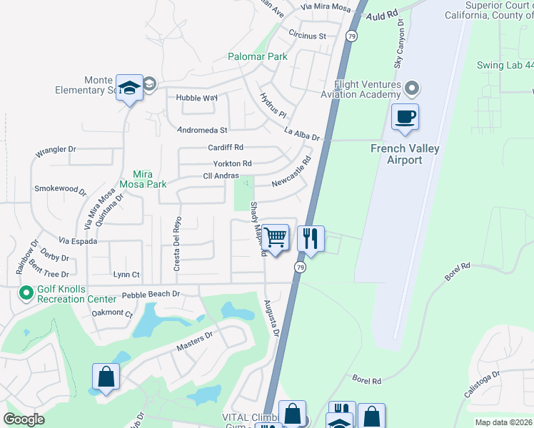 map of restaurants, bars, coffee shops, grocery stores, and more near 29918 Rose Blossom Drive in Murrieta