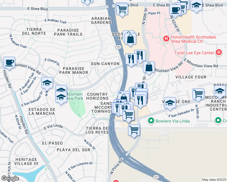 map of restaurants, bars, coffee shops, grocery stores, and more near 8787 East Mountain View Road in Scottsdale