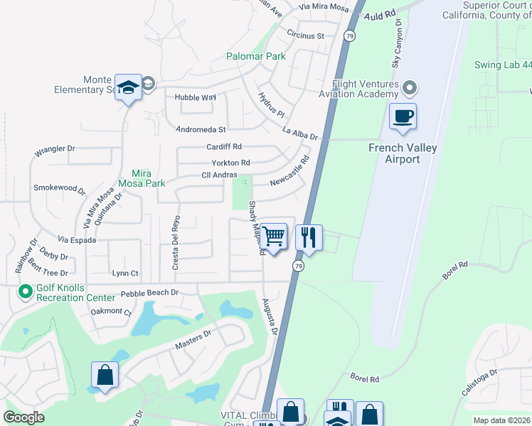 map of restaurants, bars, coffee shops, grocery stores, and more near 29918 Rose Blossom Drive in Murrieta