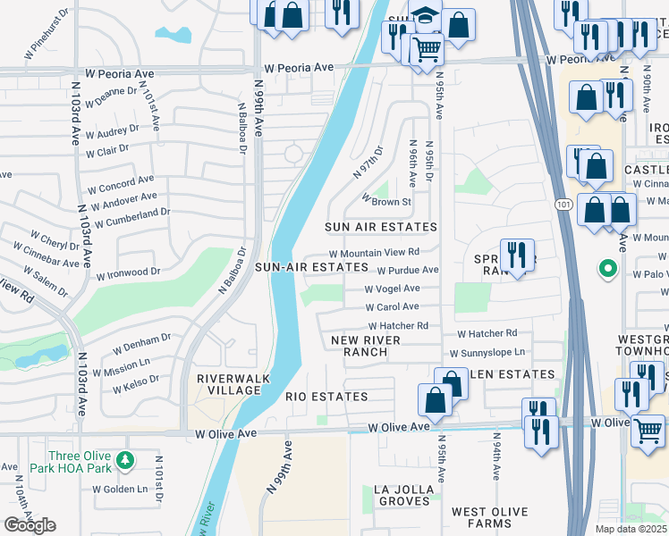 map of restaurants, bars, coffee shops, grocery stores, and more near 9718 West Purdue Avenue in Peoria