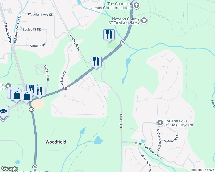 map of restaurants, bars, coffee shops, grocery stores, and more near 7700 Dearing Road in Covington