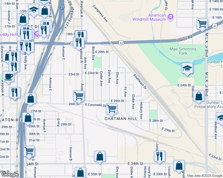 map of restaurants, bars, coffee shops, grocery stores, and more near 2401 Date Avenue in Lubbock