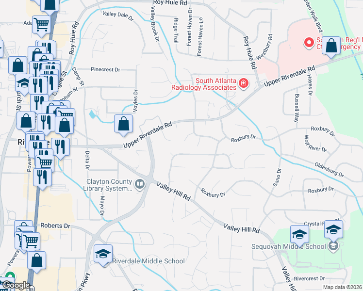 map of restaurants, bars, coffee shops, grocery stores, and more near 6666 Baldwin Court in Riverdale