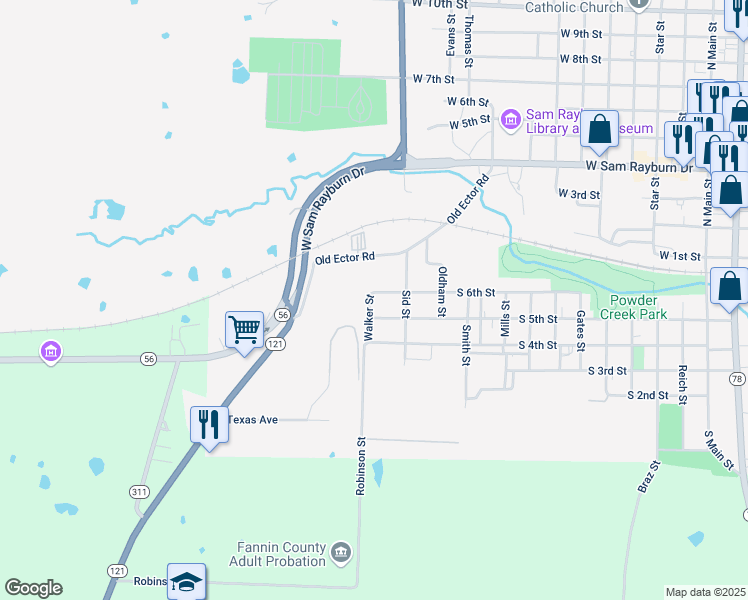 map of restaurants, bars, coffee shops, grocery stores, and more near 1309 South 6th Street in Bonham