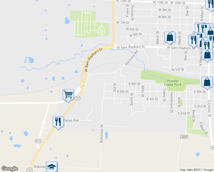 map of restaurants, bars, coffee shops, grocery stores, and more near 1309 South 6th Street in Bonham