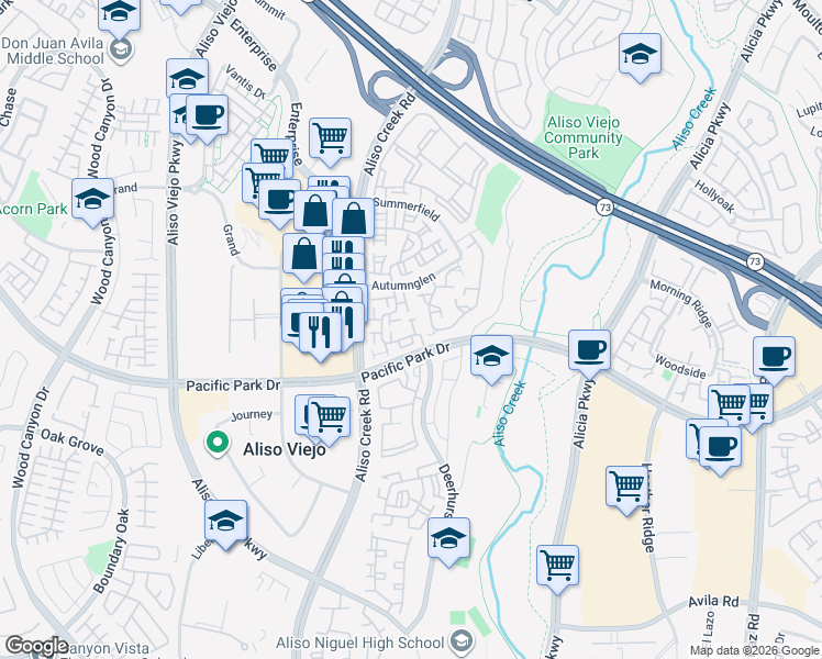 map of restaurants, bars, coffee shops, grocery stores, and more near 15 Bravo Lane in Aliso Viejo