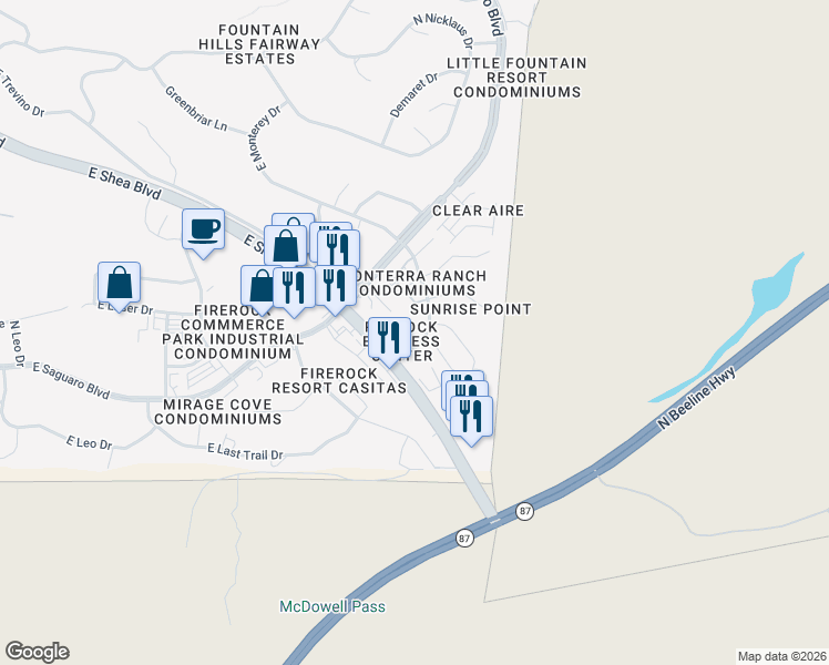 map of restaurants, bars, coffee shops, grocery stores, and more near 9750 North Monterey Drive in Fountain Hills
