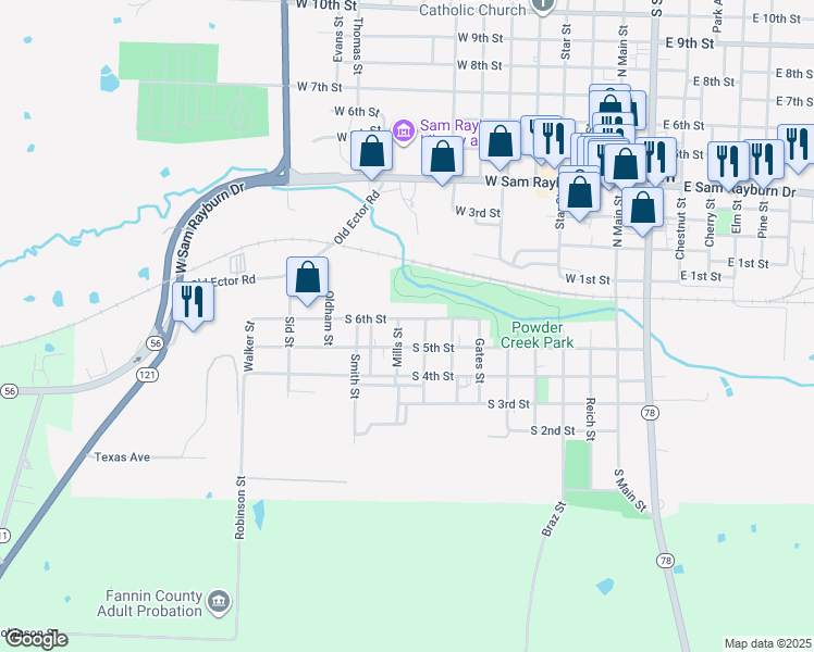 map of restaurants, bars, coffee shops, grocery stores, and more near 804 South 6th Street in Bonham