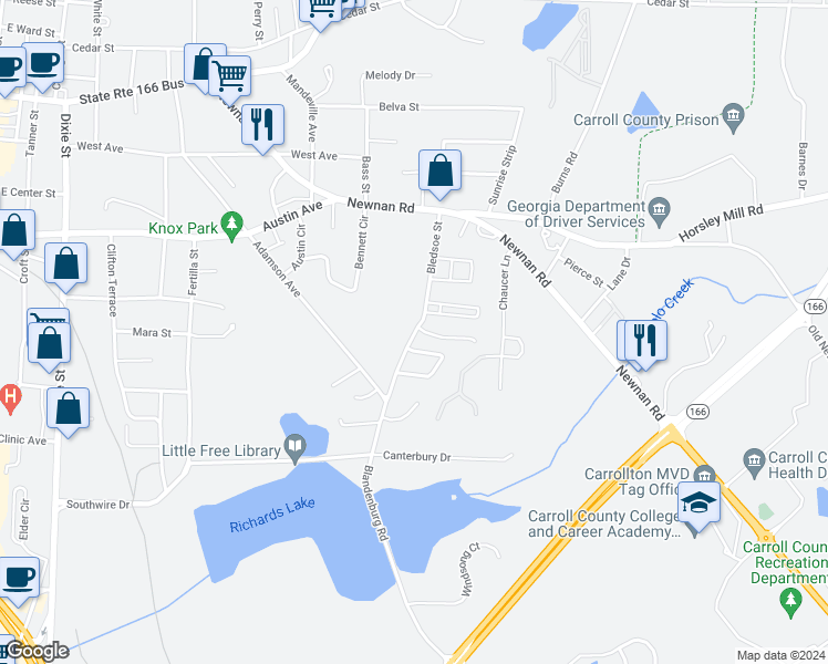 map of restaurants, bars, coffee shops, grocery stores, and more near 300 Bledsoe Street in Carrollton