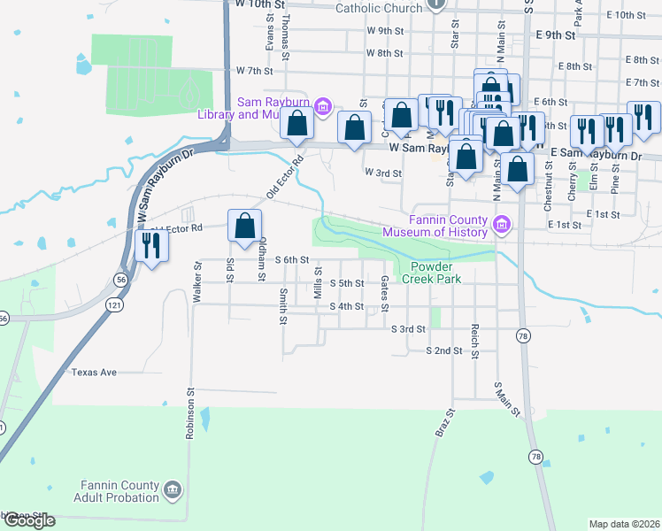 map of restaurants, bars, coffee shops, grocery stores, and more near 804 South 6th Street in Bonham